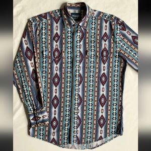 Wrangler Pearl Snap Shirt Men's Medium Button-Up Long Sleeve Aztec Tribal Rodeo